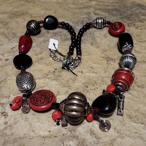 Laura Ford Red/Black/silver large bead Necklace